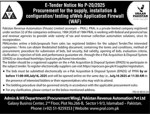 Pakistan Revenue Automation Pvt Ltd Islamabad Tender Notice-1